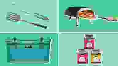 A variety of barbecue essentials, such as, tongs, a Yeti cooler, spices, and a pizza oven all on a green and teal background.