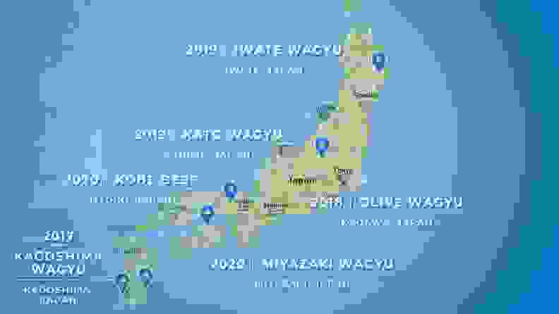 A map of Japan illustrating the various areas where wagyu beef is most exported, including the popular Miyazaki Wagyu.