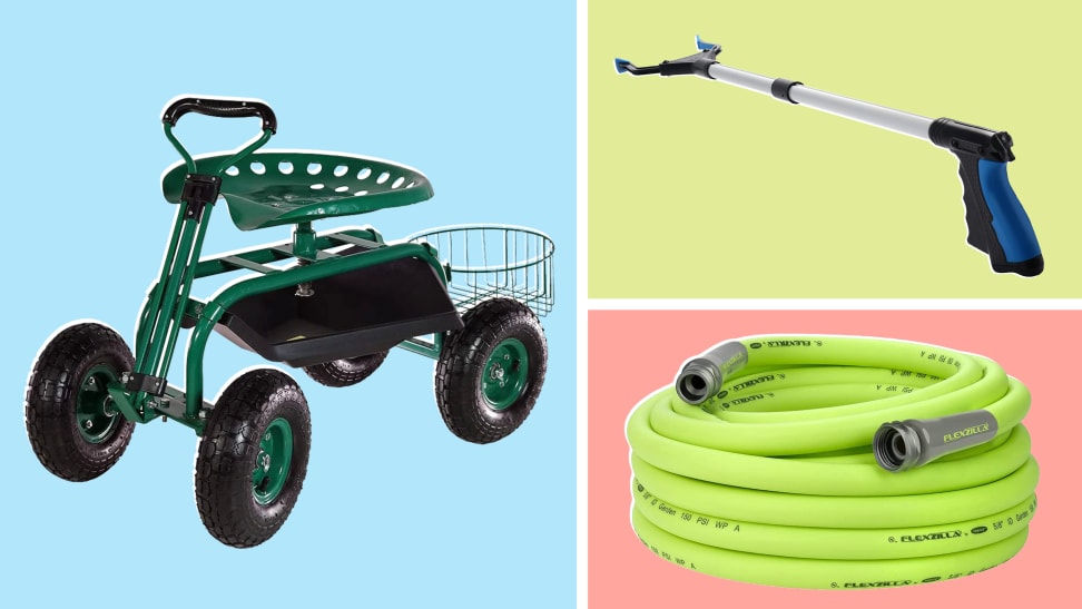 Product shots of the  Sunnydaze Garden Cart Rolling Scooter, Zayad Reacher Grabber Tool and the Flexzilla Lightweight  Garden Hose.