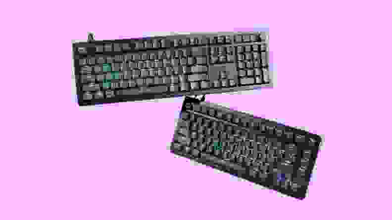 Two HyperX Alloy Rise keyboards floating in air, one above the other, in front of a purple background.