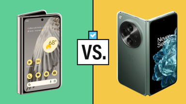 A colorful photo collage of the Google Pixel Fold touchscreen smartphone and the OnePlus Open touchscreen smartphone.