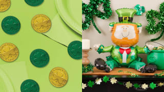 St. Patrick's day decorations; coins on a green background and a leprechaun balloon on a table