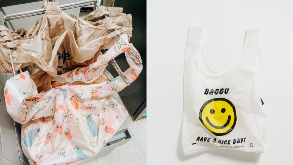 On left, multi-colored reusable grocery bags next to regular tan colored grocery bags in checkout area. On right, white reusable grocery bag with yellow smiley face and "Baggu. Have a nice day" printed on front.