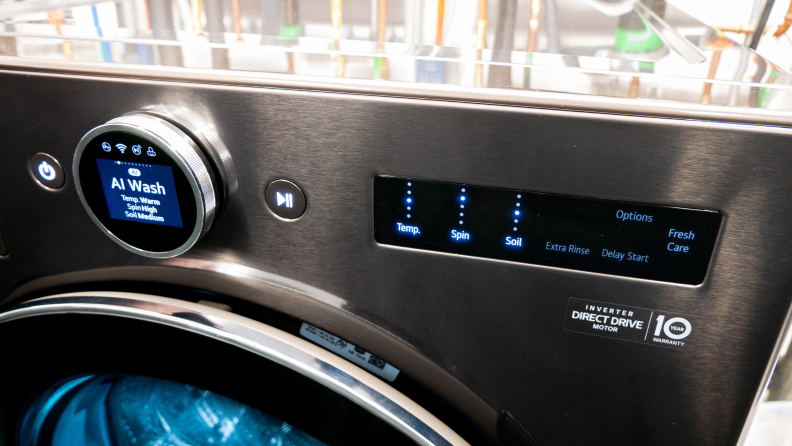 Close-up of the console of the LG WM6700HBA front-load washing machine, with a panel for the AI Wash.