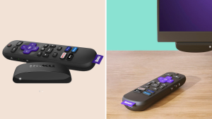 Photo collage of the Roku Express 4k streaming device next to remote.