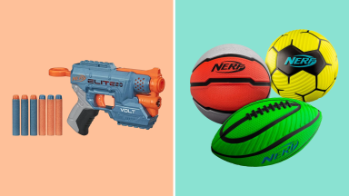 A colorful collage with a Nerf blaster and a Nerf football, soccer ball, and basketball.