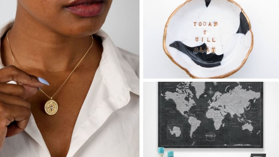 A woman with a compass necklace, a tray that says "Today I will slay" and a large world map