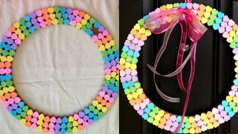 A wreath made of conversation heart candy.