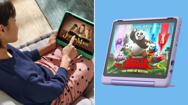 A child watching a movie on the Amazon Fire HD and a product image on the right displaying Kung Fu Panda on the screen.