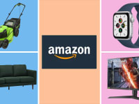 A Greenworks green push mower in the upper left against a blue background. A blue Rivet couch in the bottom left against a blue background. An LG television displaying the Amazon logo against an orange background. An Apple Watch against a purple background in the upper right. An LG Monitor in the lower right against a purple background.