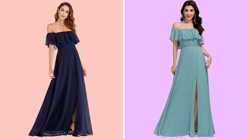 Two images of the same off-the-shoulder, empire waist dress, one in dark blue and the other in teal green.