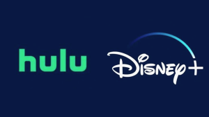 An image of the Hulu and Disney+ logos on a navy blue background.