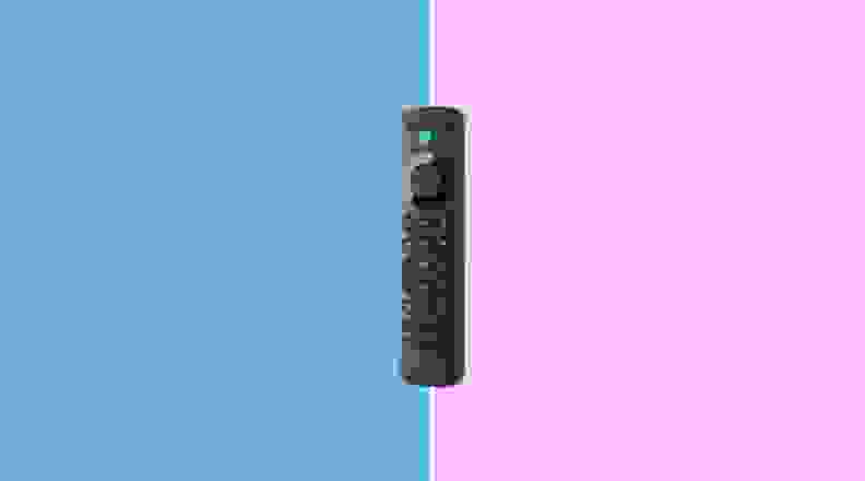 The Alexa Voice Remote Pro on a pink and blue background.