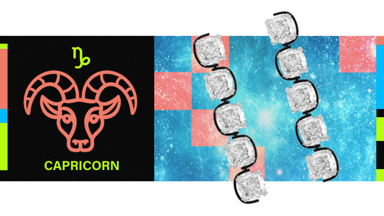 On the left is the symbol for Capricorn, and on the right is a pair of crystal drop earrings.