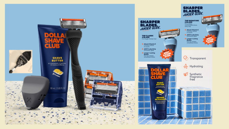 A set of Dollar Shave Club products including shavers, shave butter and razor cover in a muted yellow background