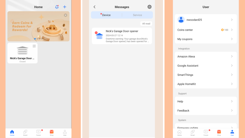 Three screenshots displaying the Meross app in use.