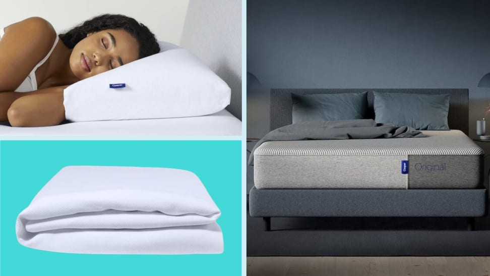 A collection of Casper sleep products in front of colored backgrounds.