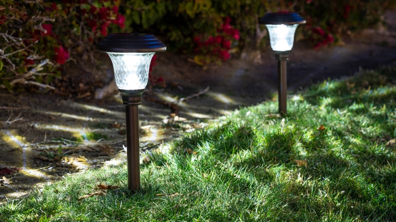 Small outdoor solar garden light, lanterns sit in flower beds, garden design, solar powered lamp