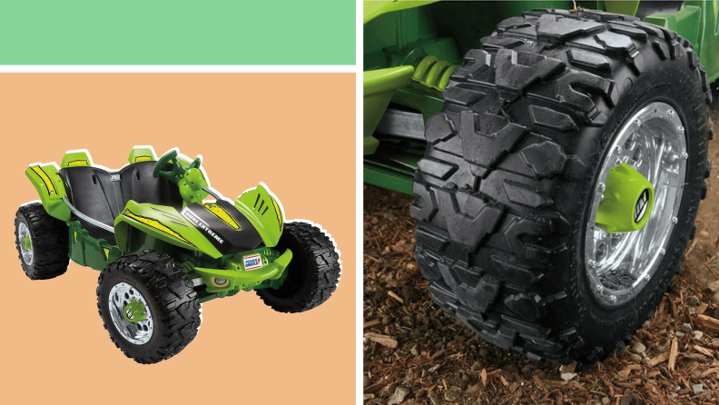 Photo collage of an angled view of the Power Wheels Dune Racer and a close-up of one of its tires on mulch.