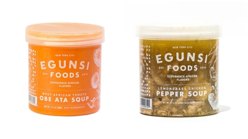 A pair of refrigerated Egunsi Foods African dishes: West African tomato obe ata soup and lemongrass chicken pepper soup.