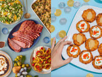 On left, a holiday meal with sliced ham and side dishes. On right, a plate of latkes on a blue background.