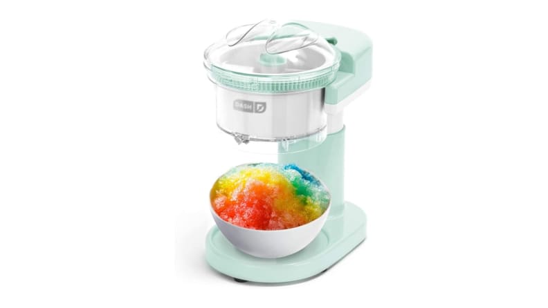 A light blue shaved ice maker.