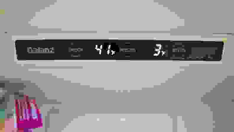 A close-up of the fridge's control panel  where the digital temperature readout states that the fridge is currently at 41°F and its freezer is 3°F.