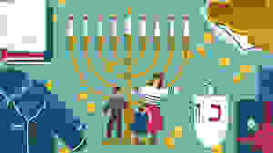 An illustration of a menorah and a mom and two children