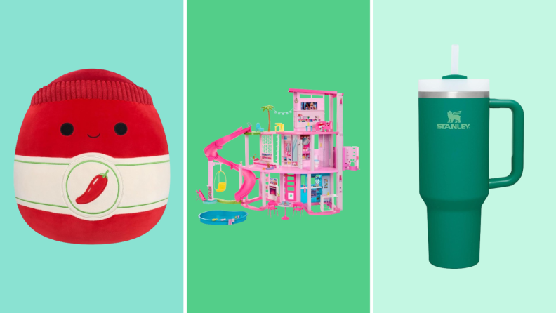 Sriracha Squishmallow, Barbie Dreamhouse, and travel mug against teal, green, and cyan backgrounds