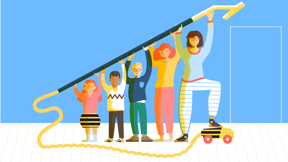 An illustration of 5 kids of different ages holding up a vacuum hose.