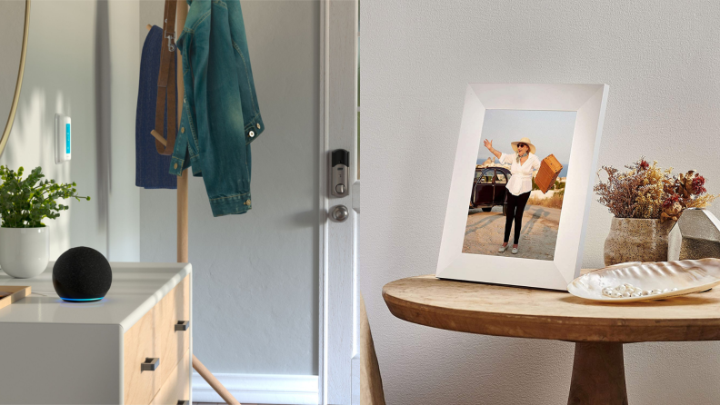 Amazon Echo dot sitting on small table in home. On right, picture frame sitting on small table.