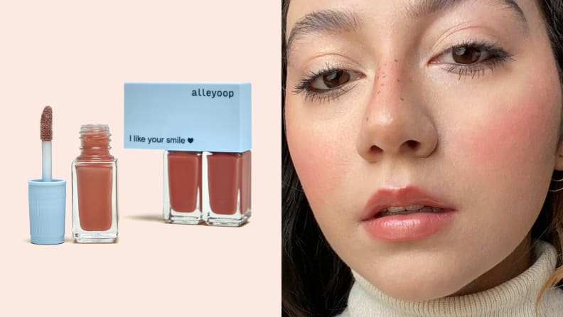 On the left: A trio of three connected tubes of pink lip formulas with one of the tubs open to show the doe-foot applicator. On the right: A person wearing a pink lip color and pink blush on their cheeks.