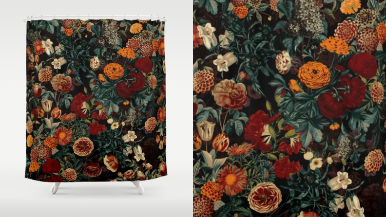 A shower curtain with a nighttime garden.