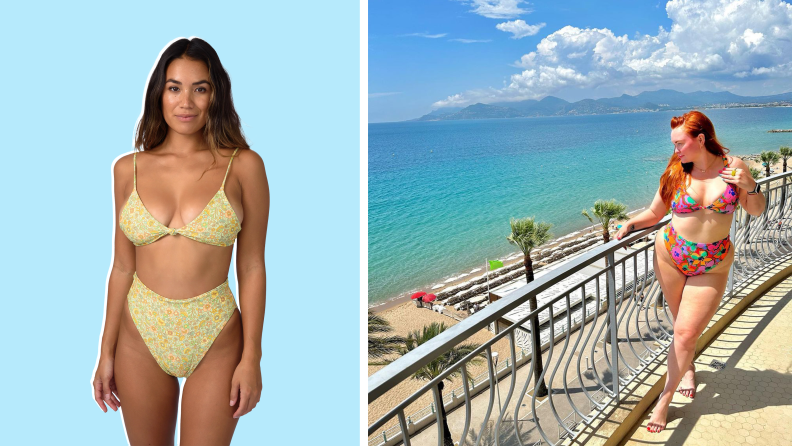 Collage image: A model wearing a yellow two-piece bathing suit, and a photograph of a woman wearing a matching bikini sit while overlooking a beach.