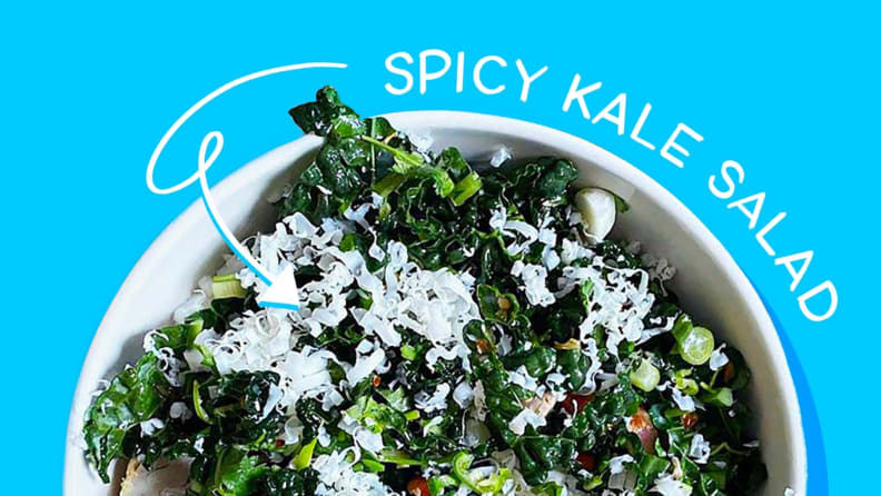 An illustration of chopped kale, sliced jalapeños, and chopped scallions in a metal mixing bowl.
