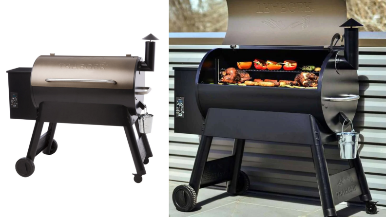 Two images of the same pellet grill, one with the lid closed and one with the lid open to reveal food grilling inside.