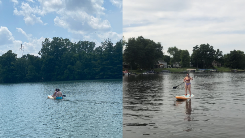 People paddle boarding on lake with inflatable Retrospec board.