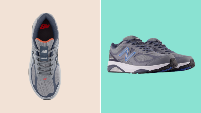 Two pairs of sneakers: On the left is a gray sneaker seen from above, and on the right is a pair of gray sneakers with a blue N.