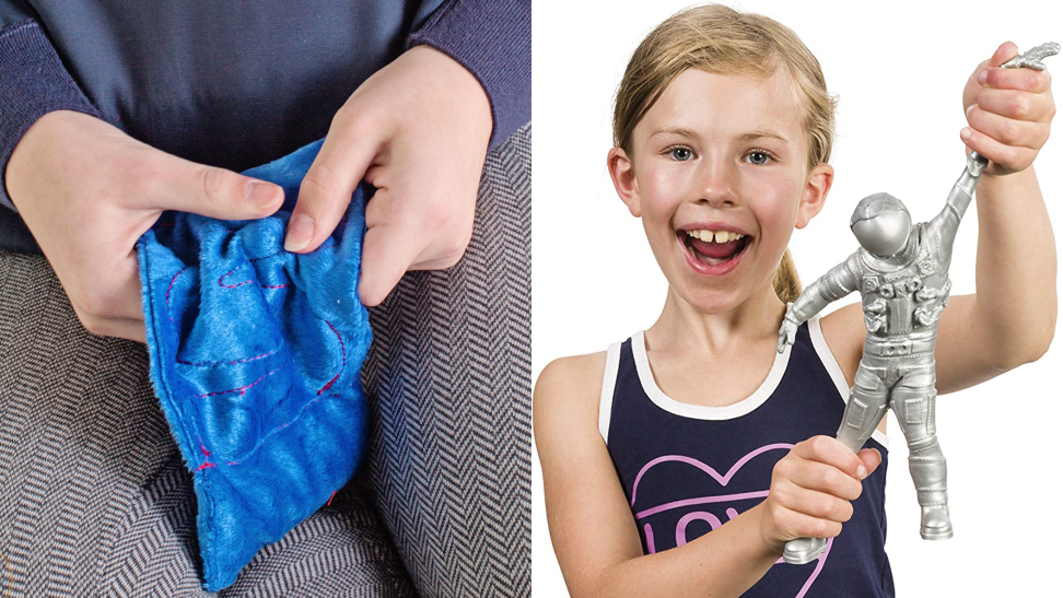 Left: hands play with a blue bean bag; right: a child stretches the arms of a silver astronaut toy.