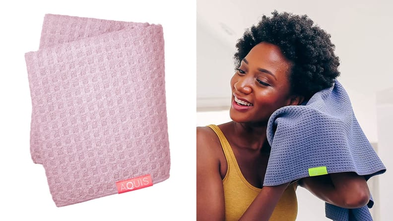 On left, pink towel in front of white background. On right, person using towel to dry off afro.