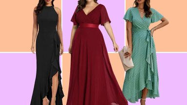 An image of several different gowns, including a black dress with a side slit, a dark red dress with cap sleeves and a flowing silhouette, and a wrap dress with ruffle detailing and a side tie.