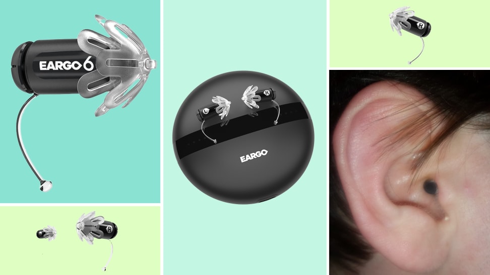 Assorted product shot of the Eargo 6 hearing aid in black and one shot of the hearing inserted into someone's ear canal.