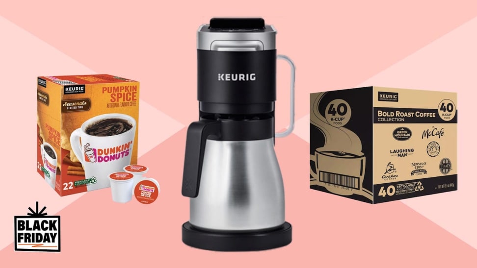 Image of coffee maker and K-cups against pink background