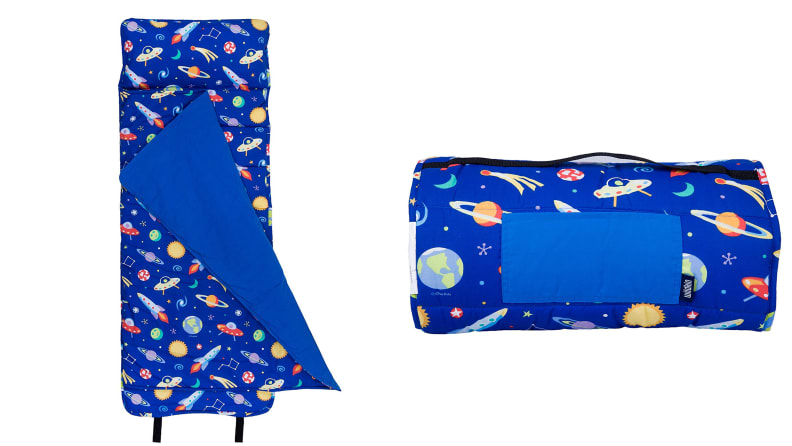 A blue nap mat with a space print