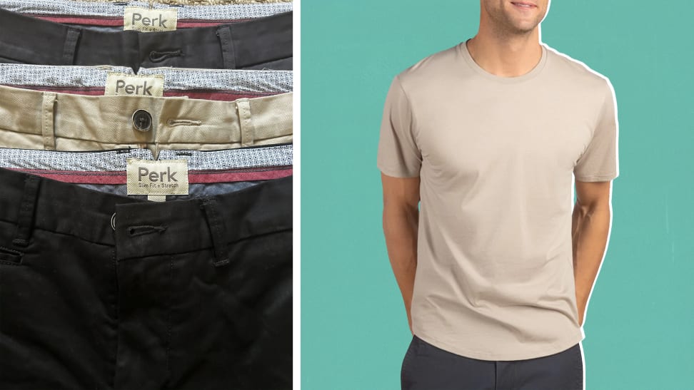 A beige T-shirt, and a close-up shot of three pairs of chinos laying atop one another.