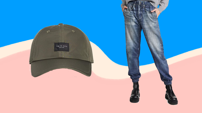 An image of a green rag & bone hat next to a pair of bleached, jogger-style rag & bone jeans on a geometric background.