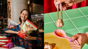 Left: Jen Liao hugging a bag of Mila Dumplings. Right: Hand holding a soup dumpling with chopsticks and a soup spoon below it