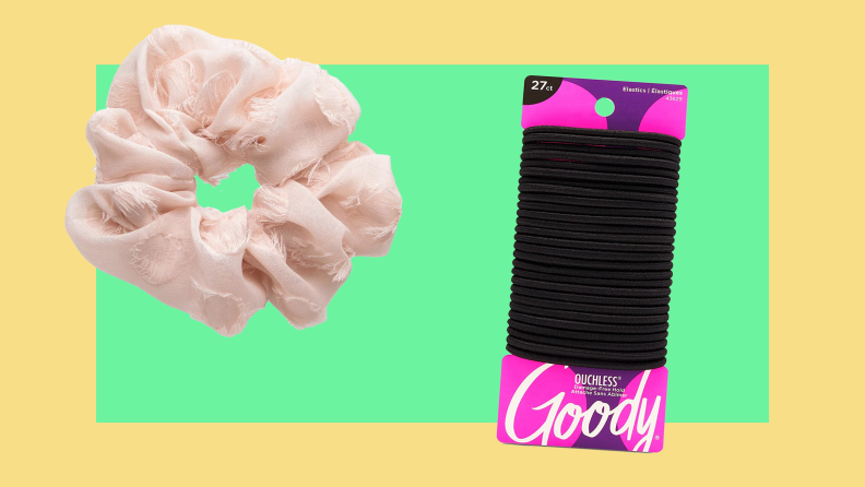 On left, large, pink fabric scrunchie. On right, black hair ties stacked on top of each other.