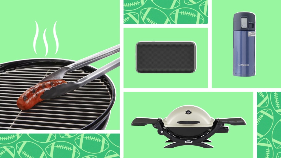 Grill, water bottle, and speaker on a green football-themed background.