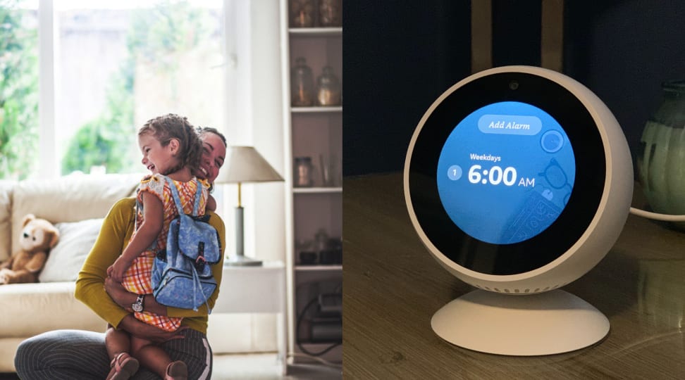 Mom and child and Amazon Echo Spot